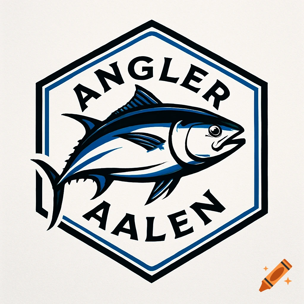 Hexagonal logo with a stylized blue and black tuna fish, text reads 'ANGLER AALEN'.