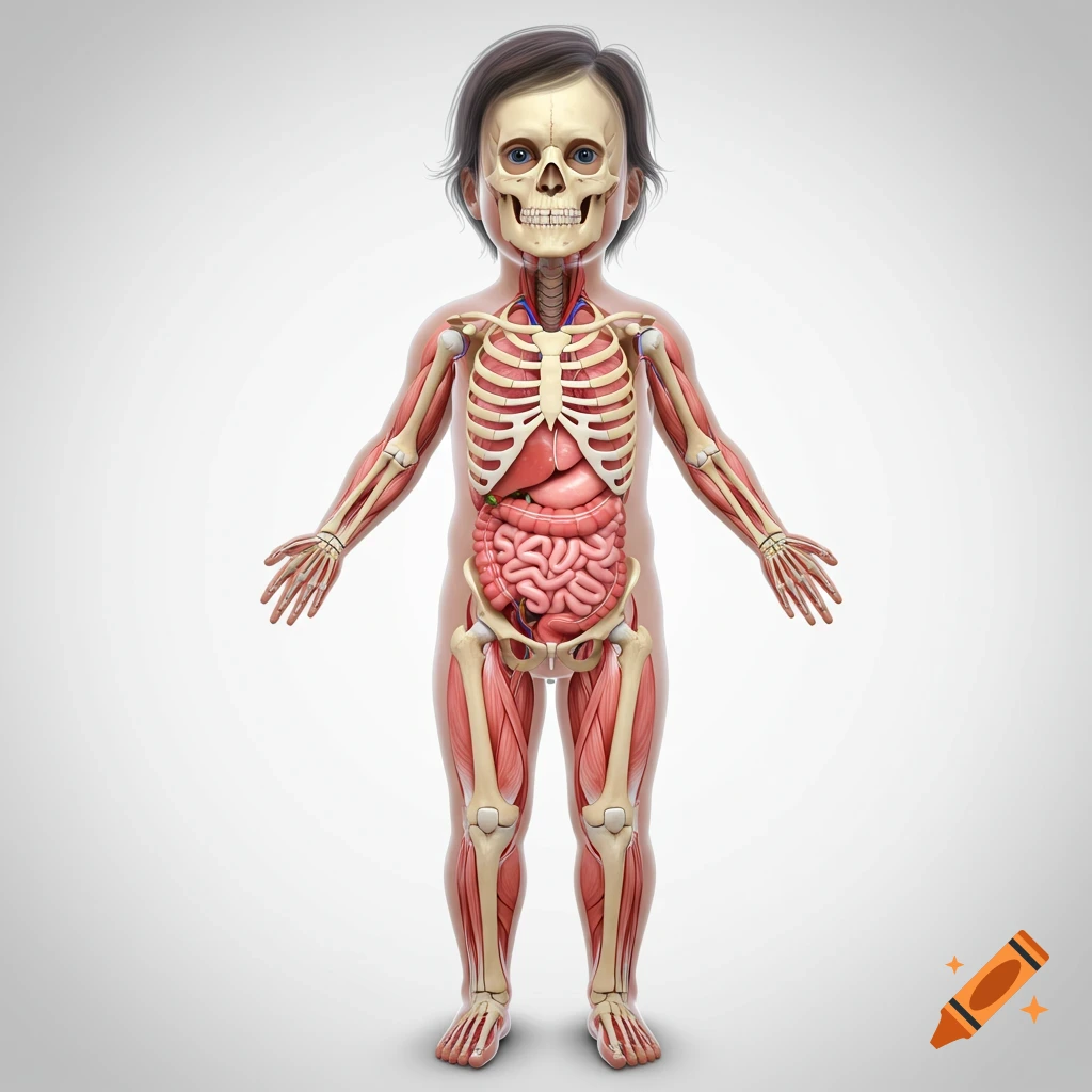 3D rendering of a toddler's full body anatomy, displaying the skull, skeleton, muscles, and internal organs against a white background.