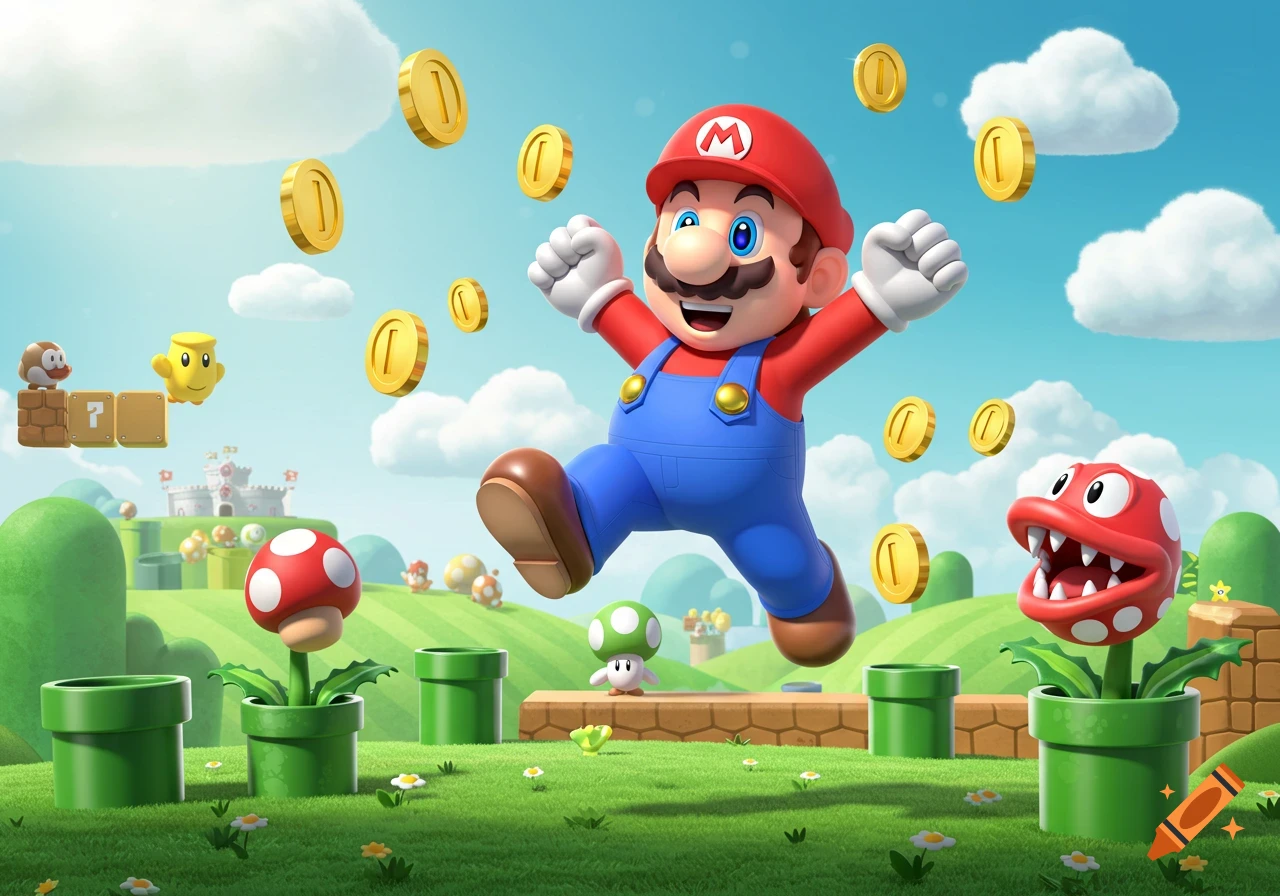Mario jumps excitedly amidst floating gold coins in a vibrant Super Mario Bros. cartoon world with pipes and characters.