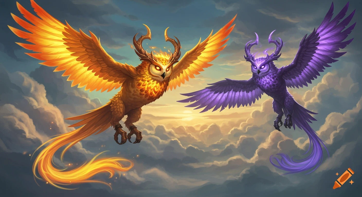 A cinematic fantasy illustration of two horned owl-like creatures, one fiery orange and one glowing purple, flying above dramatic clouds at sunset.