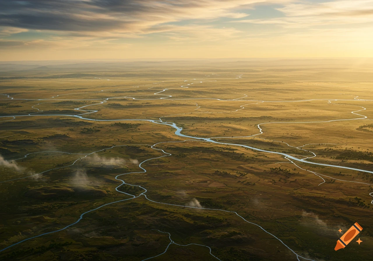 Photorealistic aerial view of winding rivers flowing through a vast, golden-green plain under a cloudy sky.