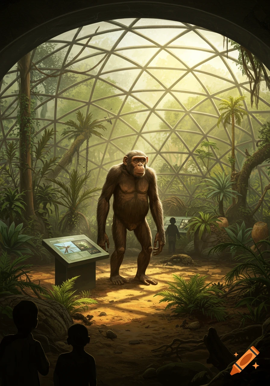 An Australopithecus stands in a lush, domed biodome exhibit, with blurred visitors observing.