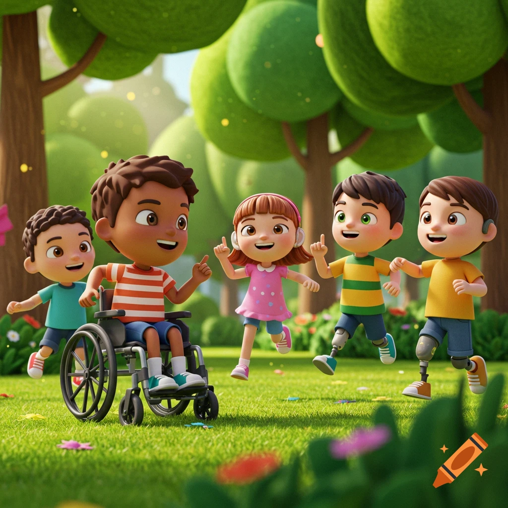Five diverse cartoon children, including one in a wheelchair and two with prosthetic legs, happily play in a sunny park.
