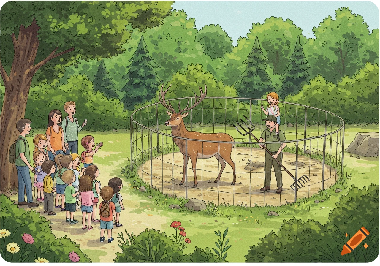 An illustration of a group of children and adults watching a deer and a park ranger in a fenced enclosure at an animal park.