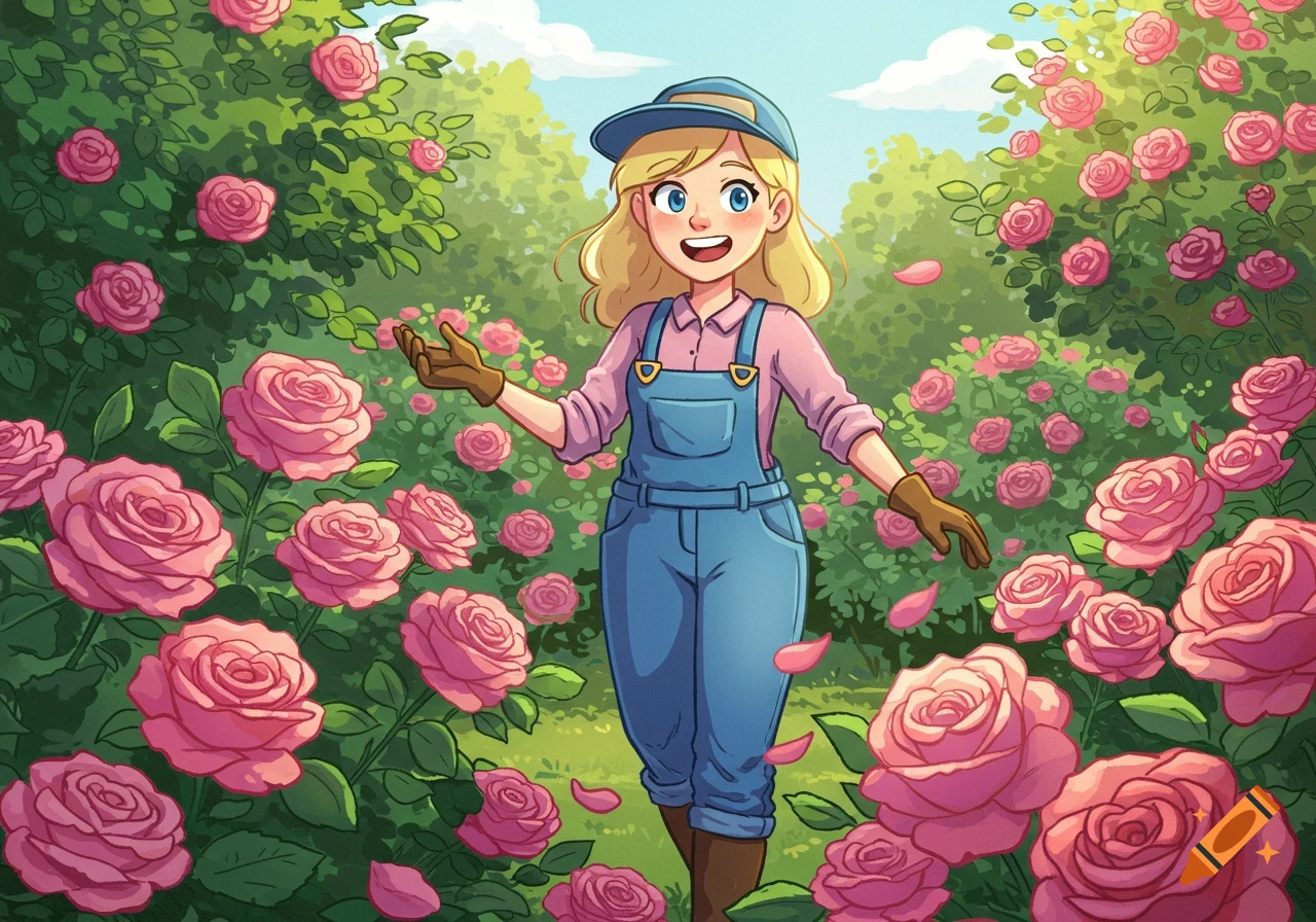 A cartoon blonde woman in blue overalls and a cap smiles in a vibrant pink rose garden.