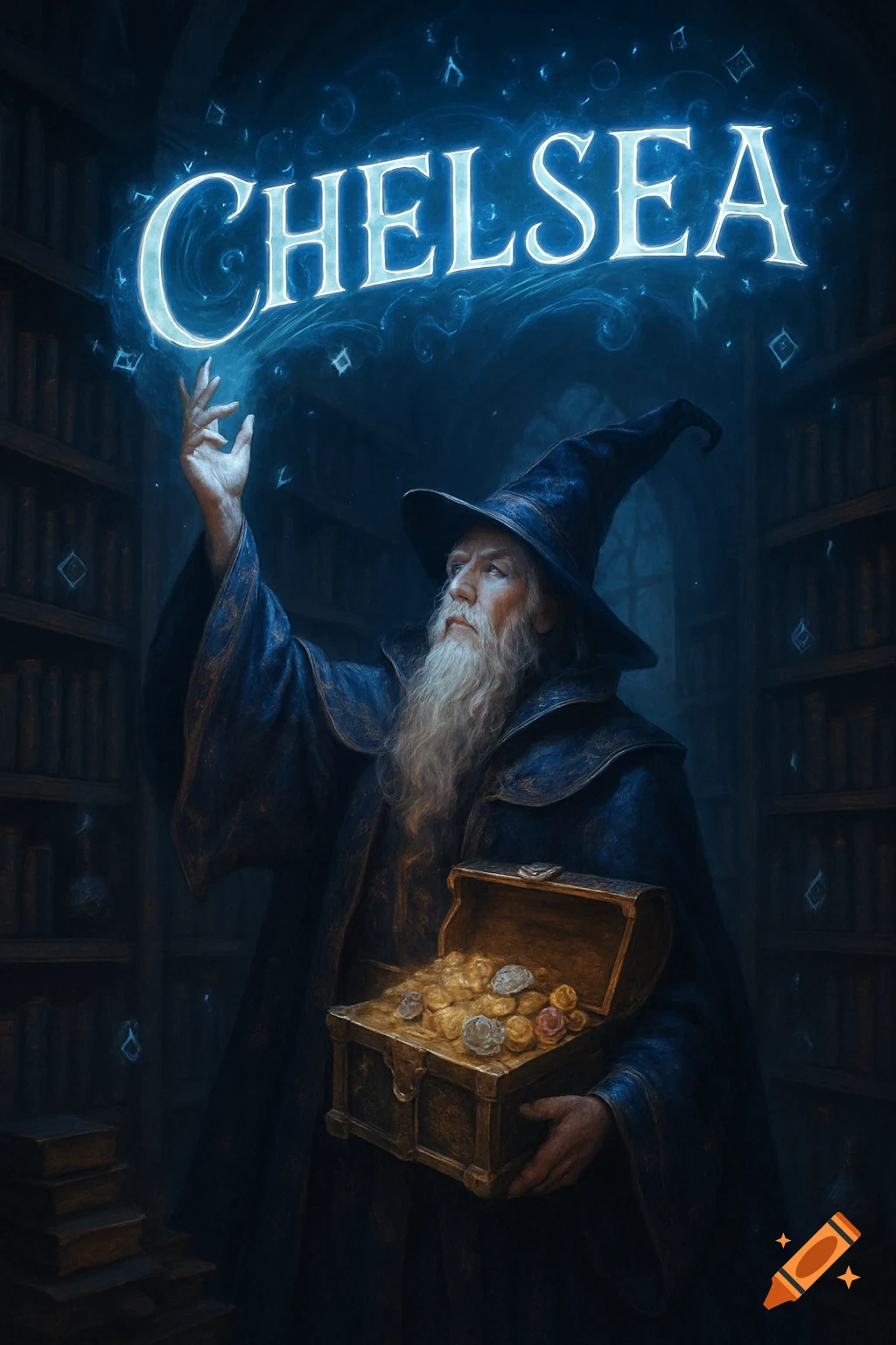 A wizard in a library holds a treasure chest, while the glowing name 'CHELSEA' appears above his outstretched hand.