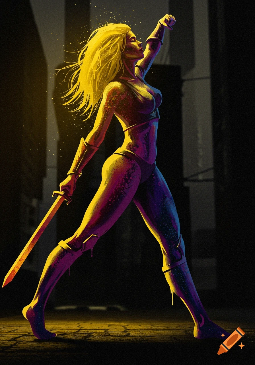 A stylized illustration of a powerful female warrior with blonde hair, glowing in yellow and purple light, striding forward with a sword.