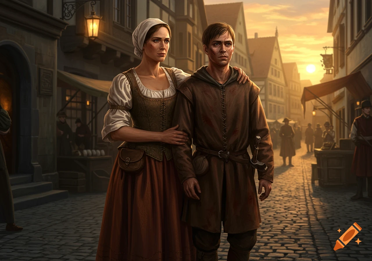 A pensive woman and her wounded son stand on a cobblestone street in a historical European town at sunset.