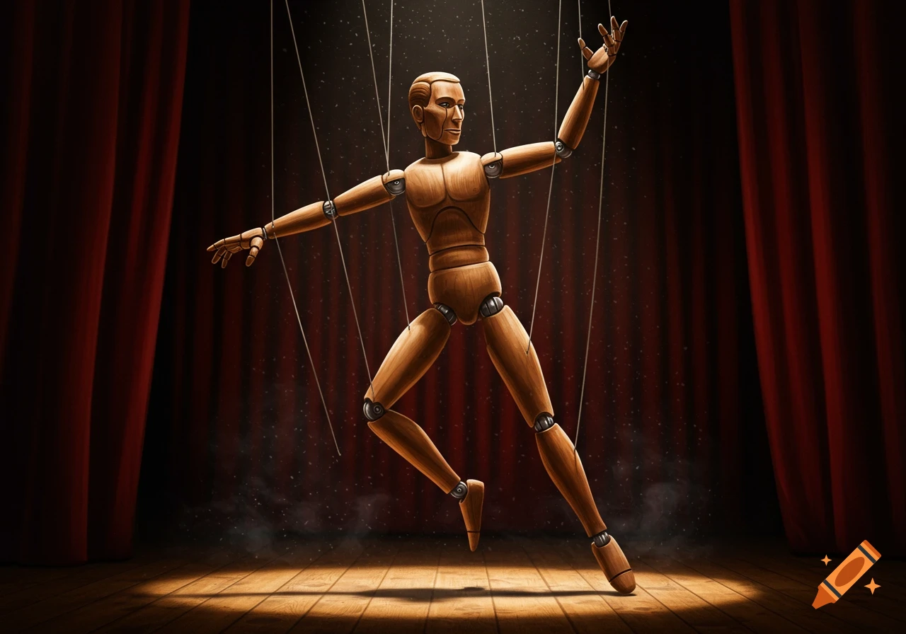 A wooden art mannequin, resembling a puppet with strings, stands on a spotlighted stage with red curtains.
