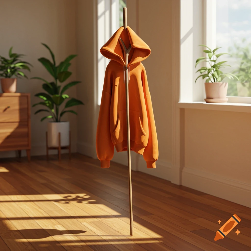 An orange hoodie hangs on a simple wooden coat rack in a sunlit room ...