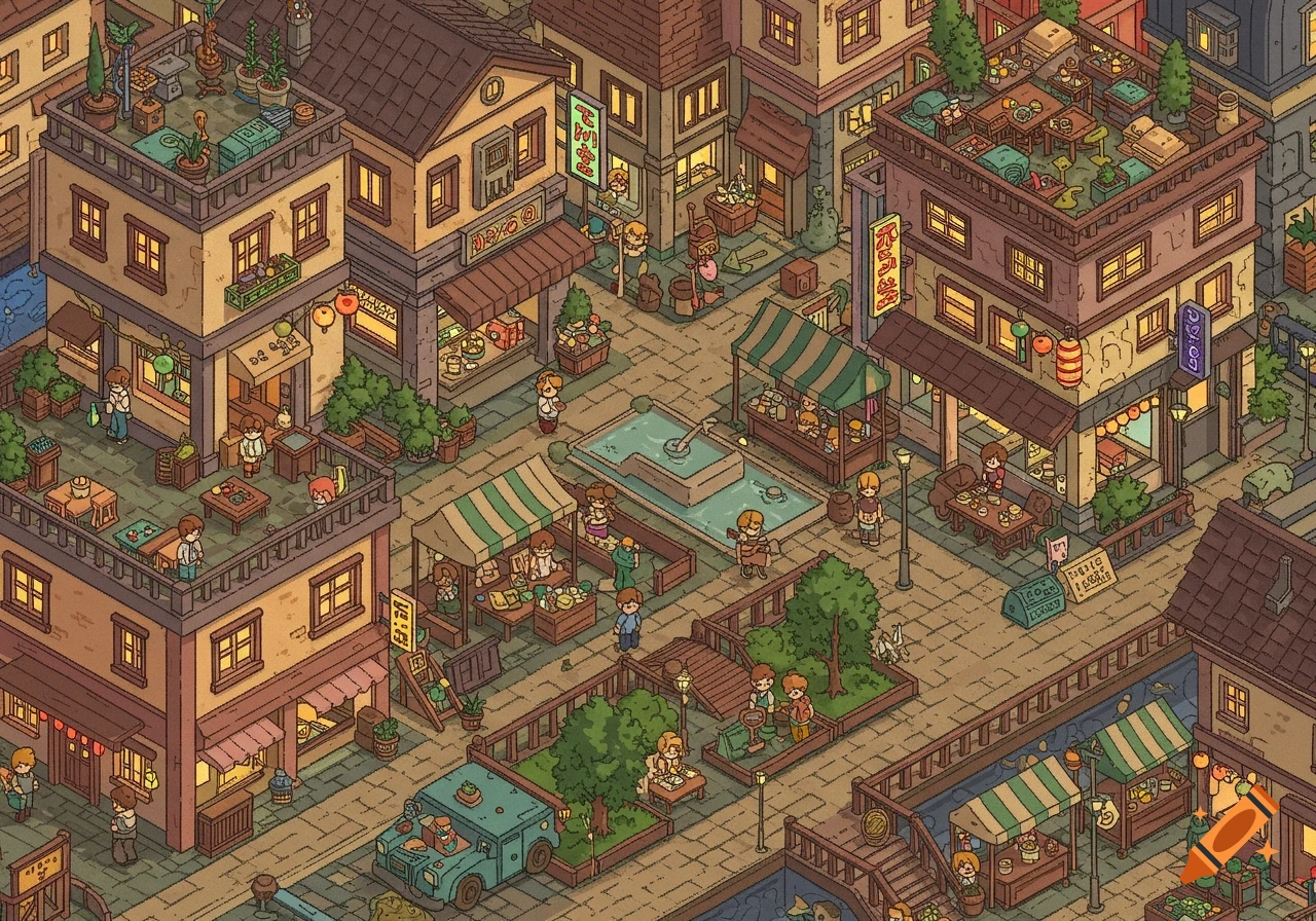 A detailed isometric illustration of a bustling town with shops, market stalls, people, and a fountain.