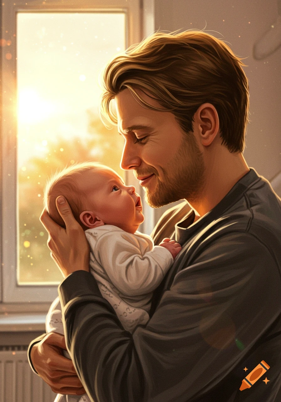 A smiling man with light brown hair and a beard lovingly holds a baby in a sunlit room, both looking at each other.