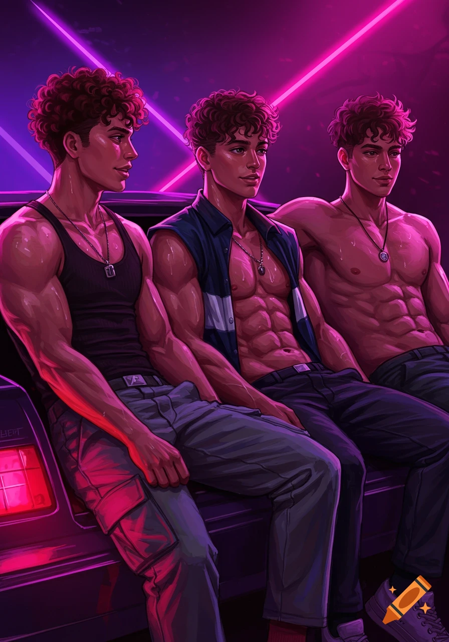 Three muscular men with curly hair, in a synthwave aesthetic, sitting on a car, two shirtless and one in a tank top, with neon pink and purple lights in the background.