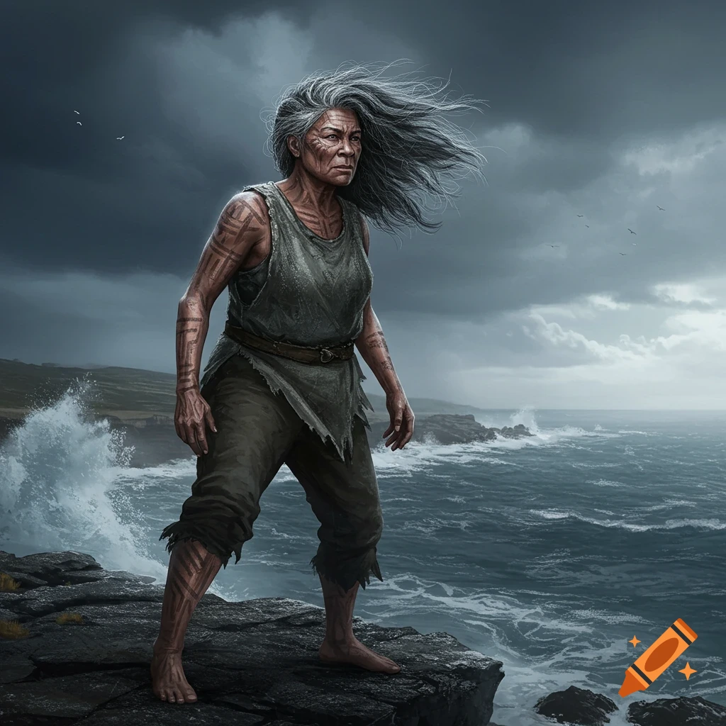 An older woman with wind-blown gray hair and tribal markings stands barefoot on a rocky cliff overlooking a stormy sea.