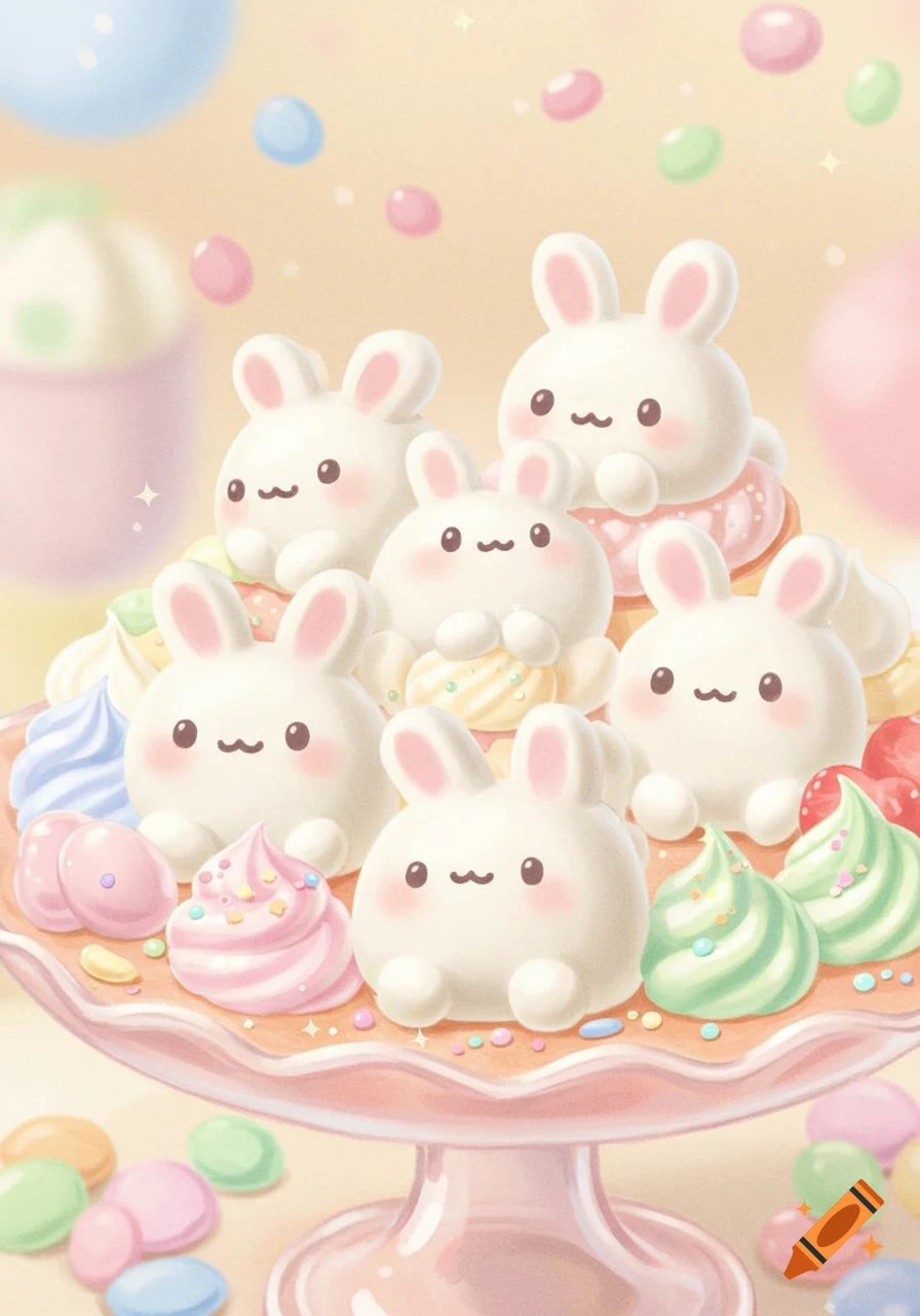 A cute pastel illustration of several white marshmallow bunnies on a pink dessert stand with colorful frosting and candies.