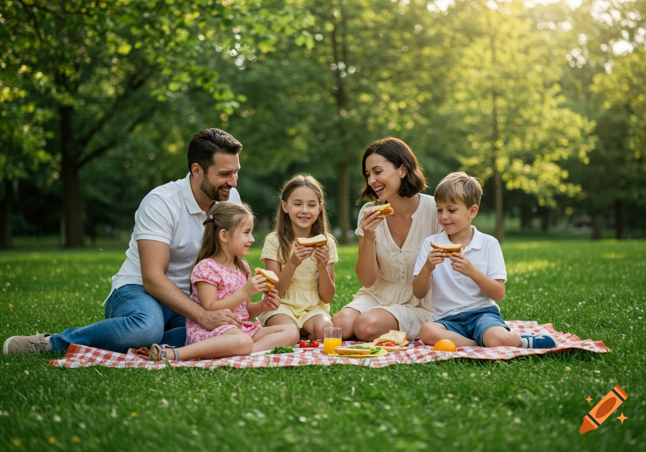 A photorealistic family of four happily eating sandwiches on a picnic blanket in a sunny green park.