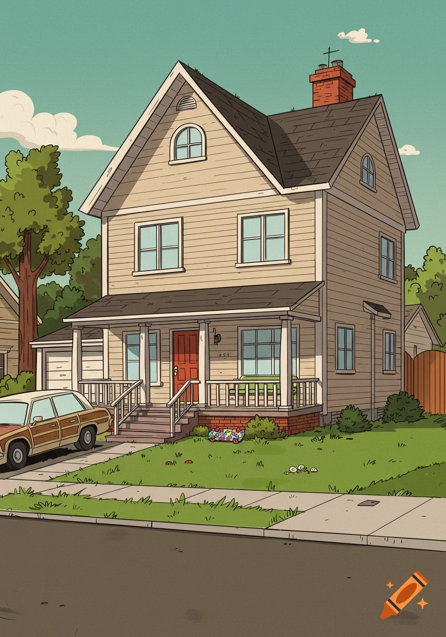 A cartoon illustration of a two-story 80s family home in "The Loud House" style, with a brown car parked in the driveway.