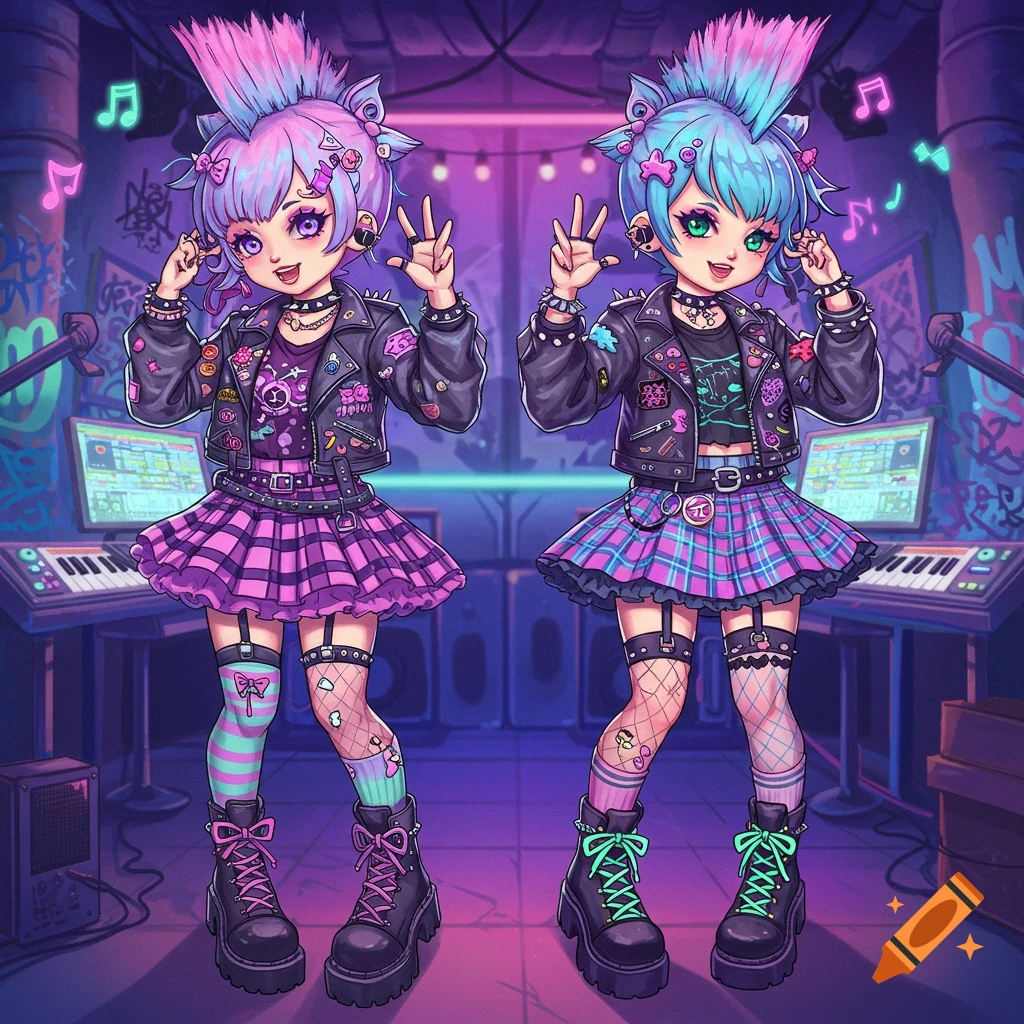 Two anime-style punk e-girl streamers in black jackets and plaid skirts pose with platform boots in a neon-lit music studio with keyboards and monitors.