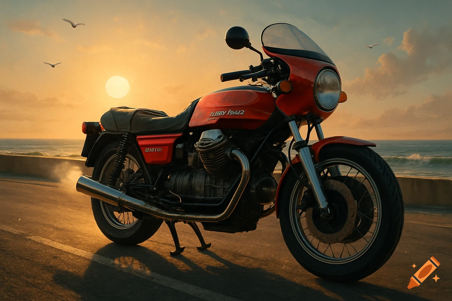 A red vintage-style motorcycle parked on a coastal road at sunset, with the ocean in the background and seagulls flying.