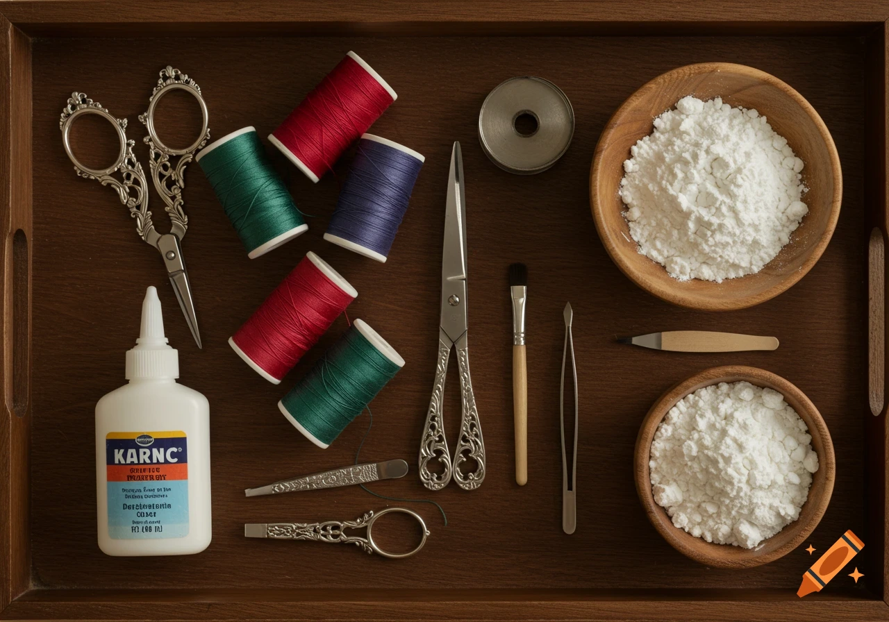 Crafting supplies on a wooden tray, including scissors, spools of red and green thread, a glue bottle, and two bowls of white powder.