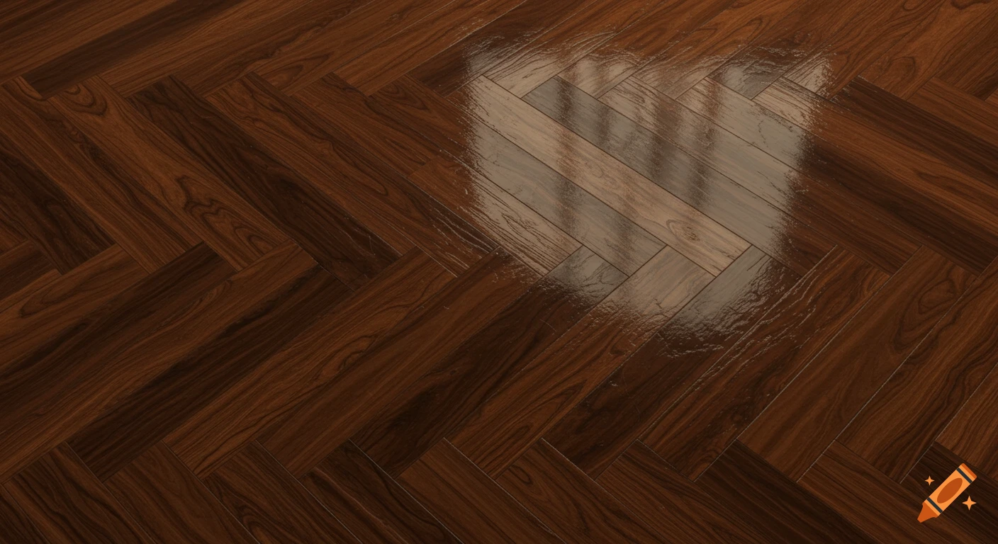 A close-up, top-down view of a dark brown wooden parquet floor laid in a herringbone pattern, with a glossy reflection in the center.