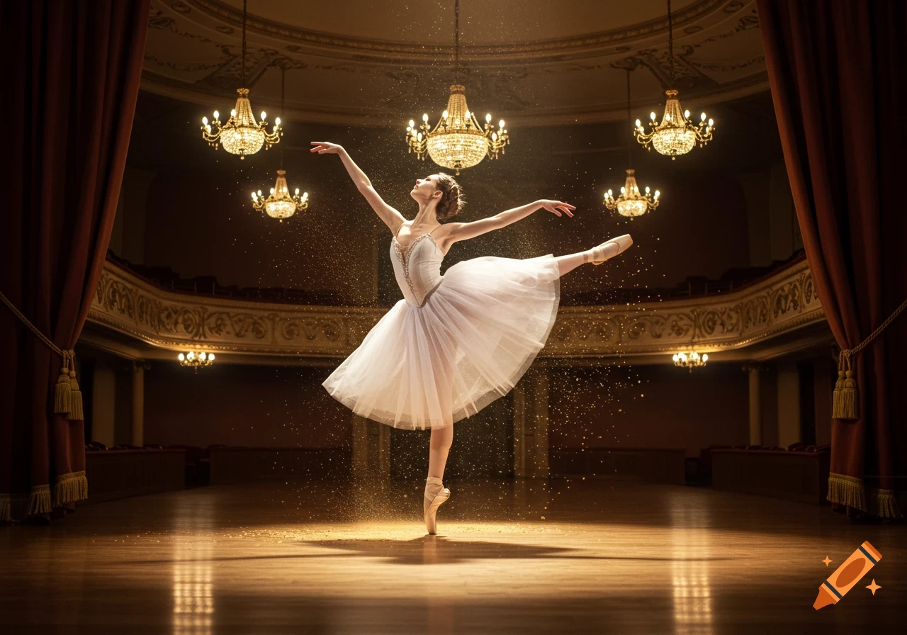 A graceful ballet dancer on pointe, mid-leap on a dimly lit theater stage with golden sparkles and ornate chandeliers.