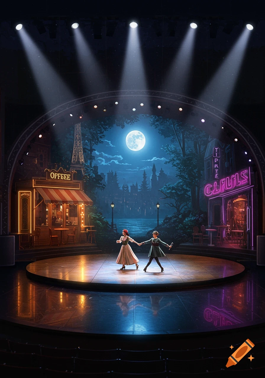 Theatrical stage set with a Parisian cityscape backdrop at night, two dancers performing under spotlights.