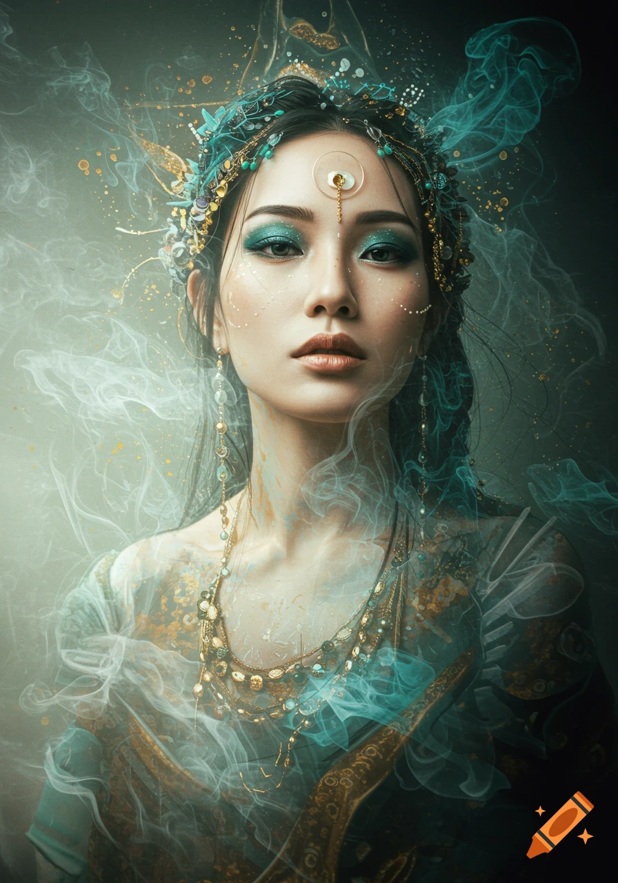 Close-up portrait of a mystical woman with an intricate turquoise and gold headdress, dramatic makeup, and layered gold jewelry, surrounded by ethereal mist.