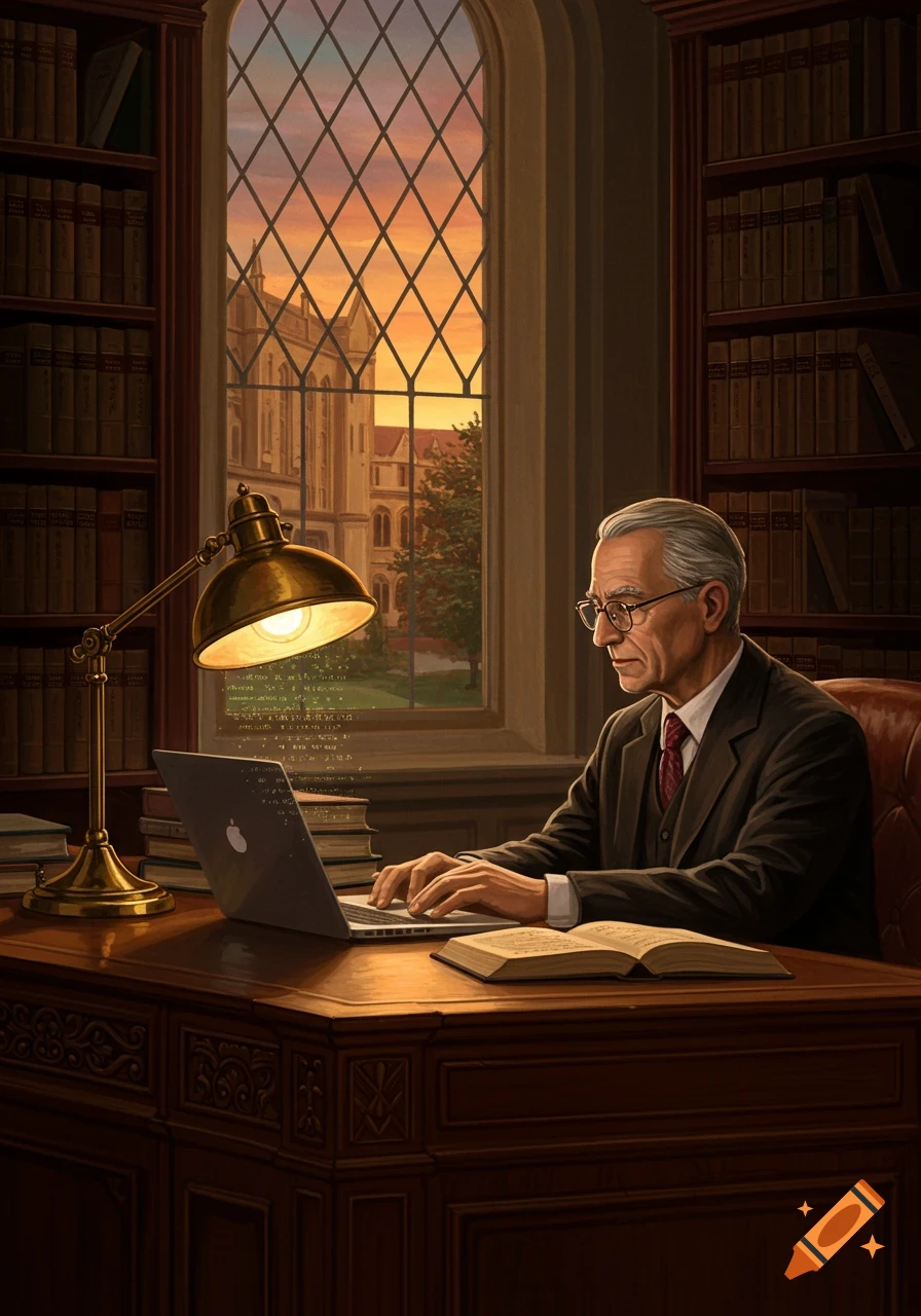 An elderly professor works on a laptop at a grand wooden desk in a library, with a large window showing a college building at sunset.