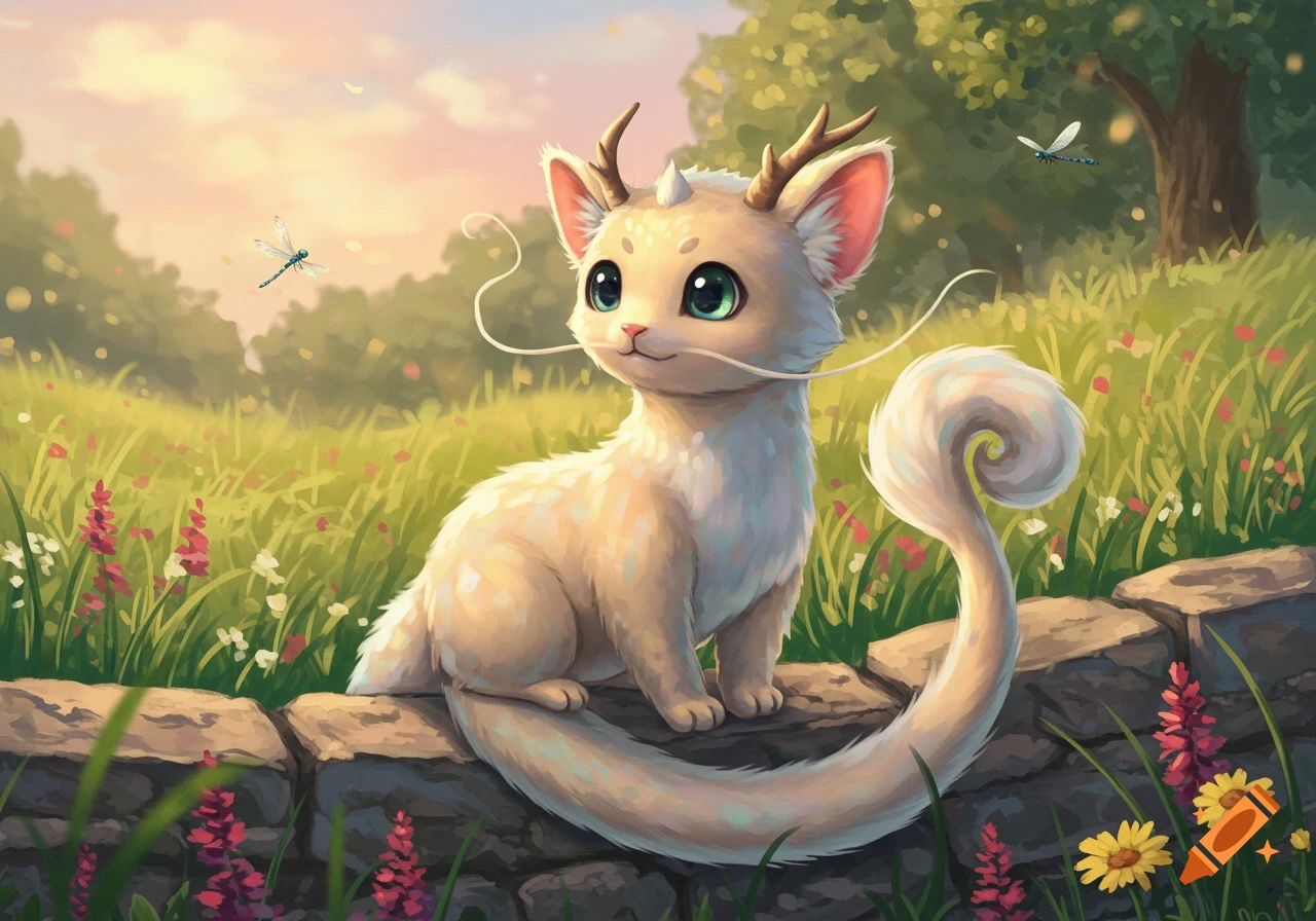 A cute white horned cat-like creature with long whiskers sits on a stone wall in a sunny field with flowers and dragonflies, digital art.