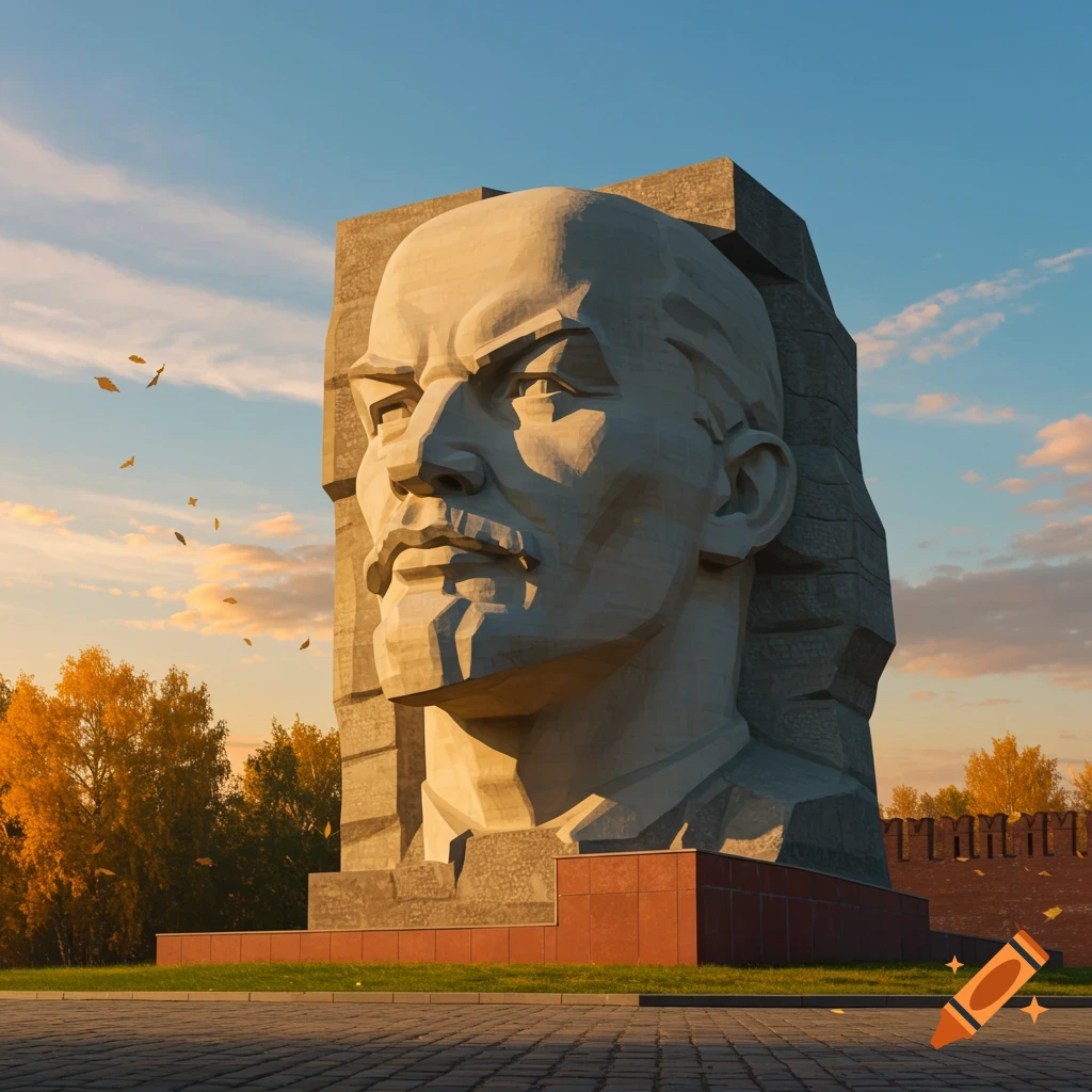 A massive stone monument, a bust of Lenin, set against a cloudy sky with autumn trees and a paved ground.
