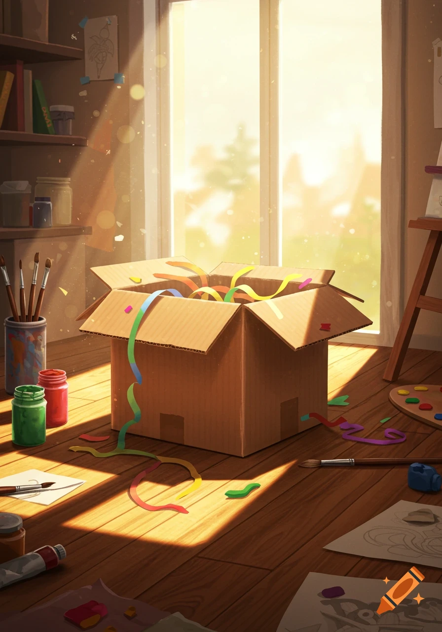 A cardboard box bursts with colorful ribbons on a sunlit wooden floor, surrounded by art supplies like paintbrushes, jars, and scattered papers in an art studio.