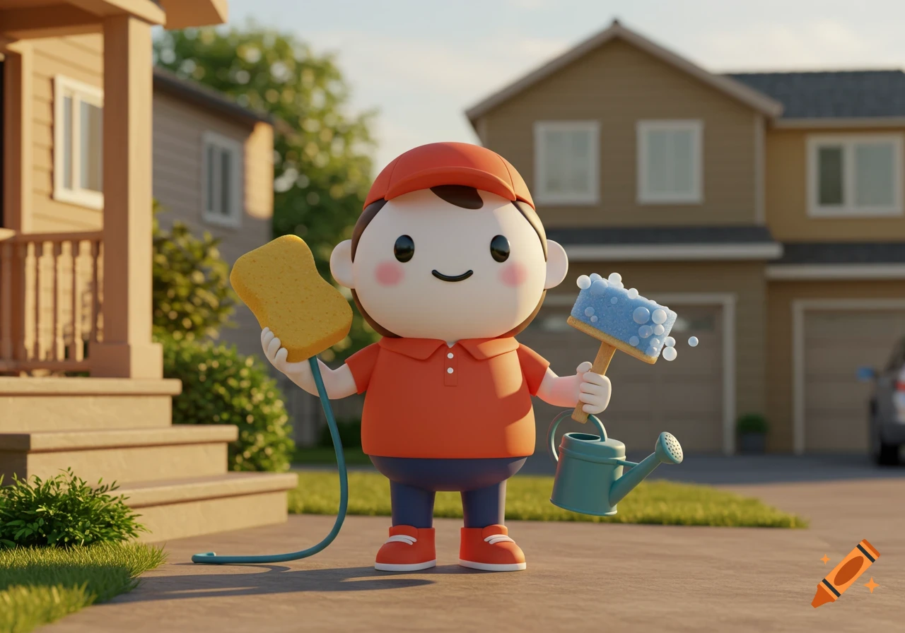 A cute 3D cartoon character in a red polo shirt and cap holds a sponge, a car wash brush, and a watering can on a driveway.