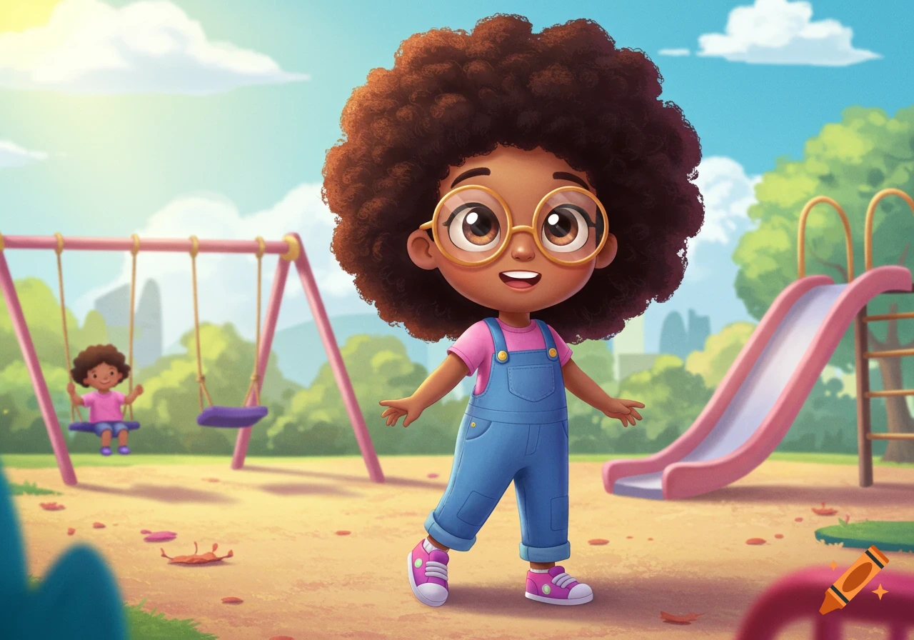 A cute cartoon girl with big curly hair, glasses, and blue overalls stands in a sunny playground, with another child on a swing in the background.