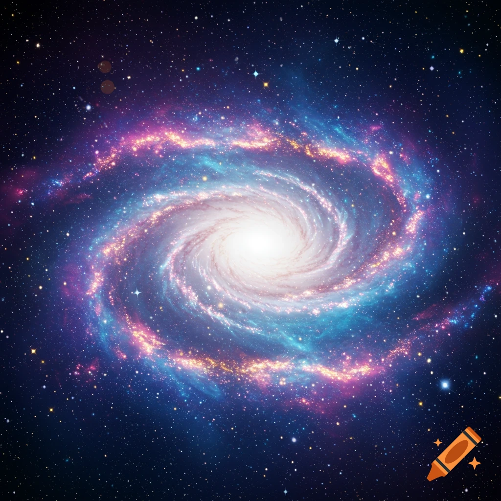 A vibrant spiral galaxy with a bright white core and swirling pink, purple, and blue arms against a star-filled dark space.