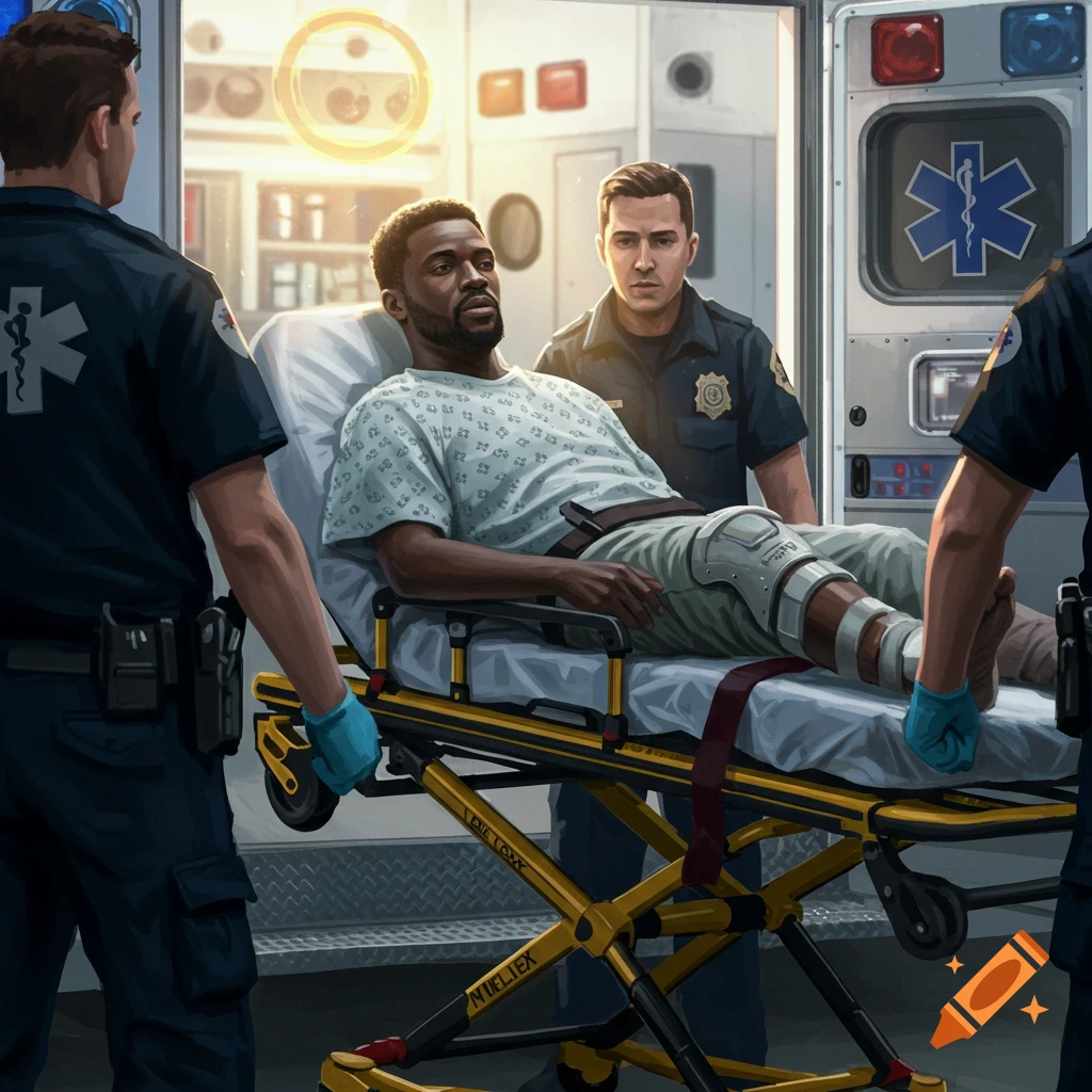 A Black man with a leg brace lies on a stretcher, attended by paramedics and a police officer inside an ambulance.