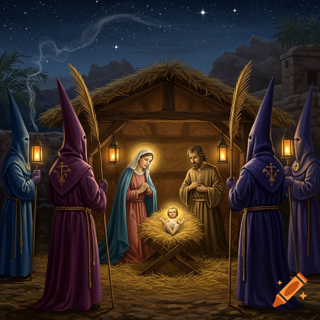 A Nativity scene with Mary, Joseph, and baby Jesus in a manger, surrounded by five hooded figures (nazarenos) in purple and blue robes holding palms and lanterns under a starry night.