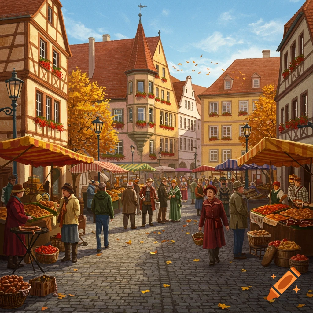 An illustrated bustling outdoor market scene in a European town square with half-timbered buildings and autumn leaves.