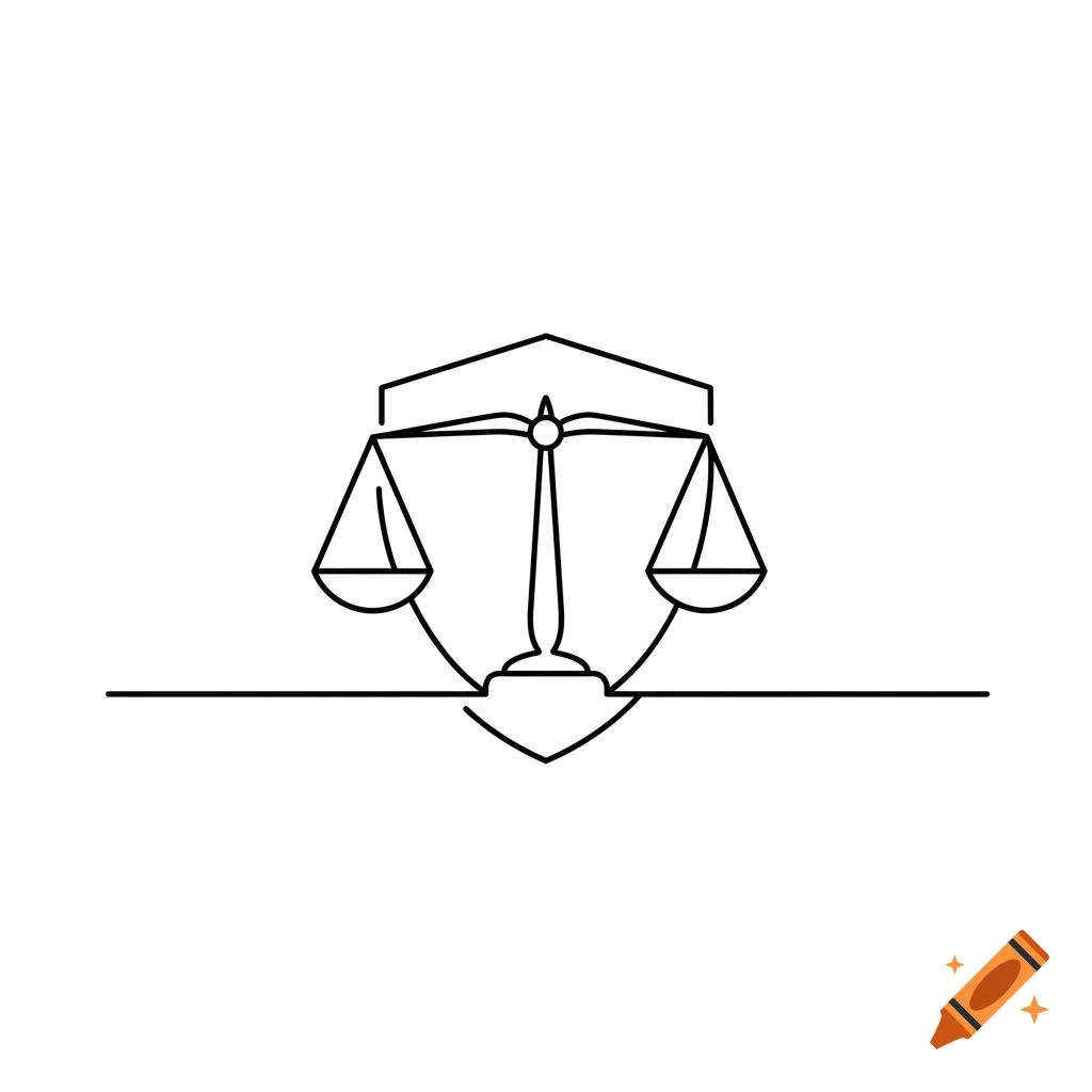 Minimalist black line art of a balance scale integrated with a shield symbol on a white background.