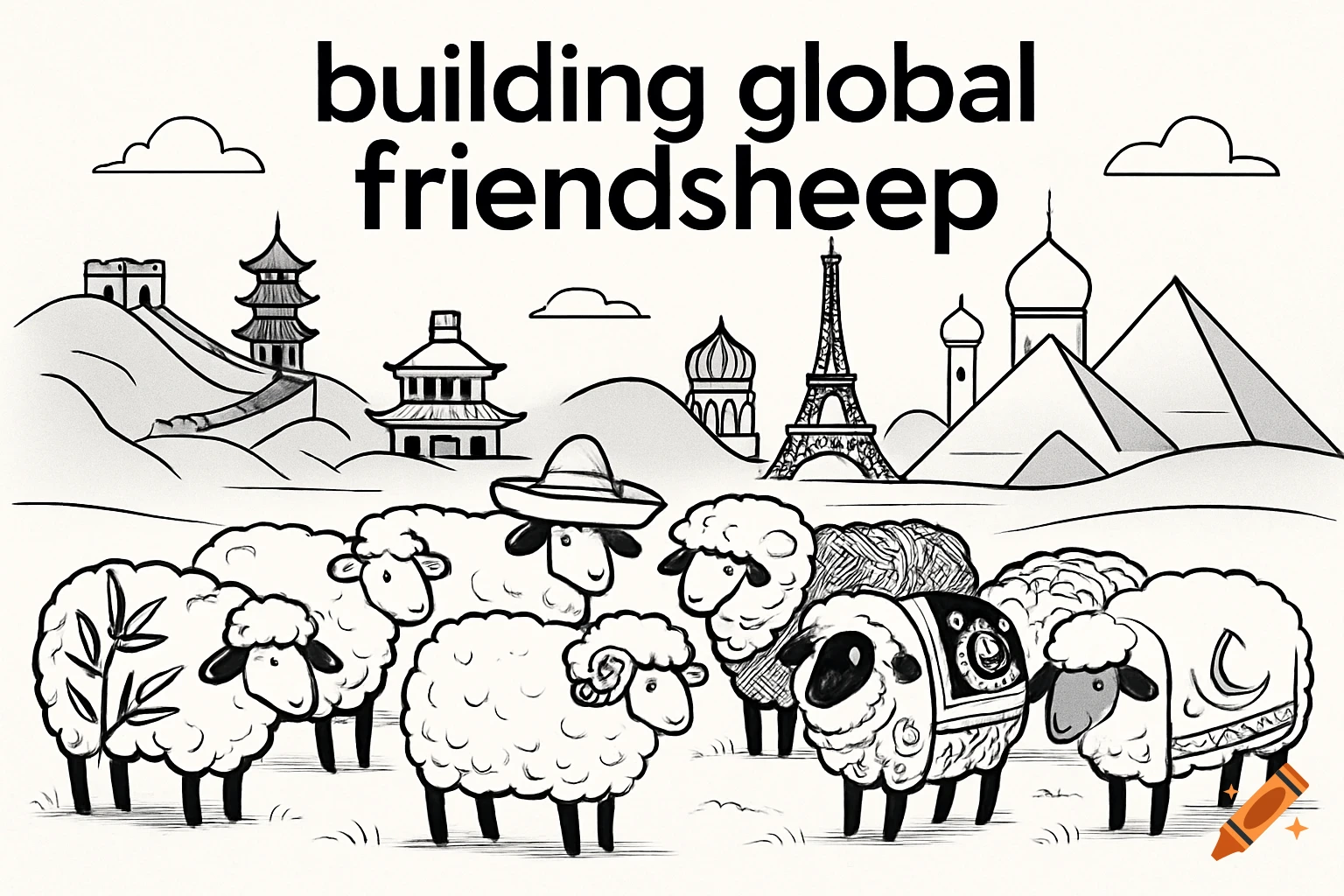 Black and white line drawing of sheep with international landmarks and the text 'building global friendsheep'.