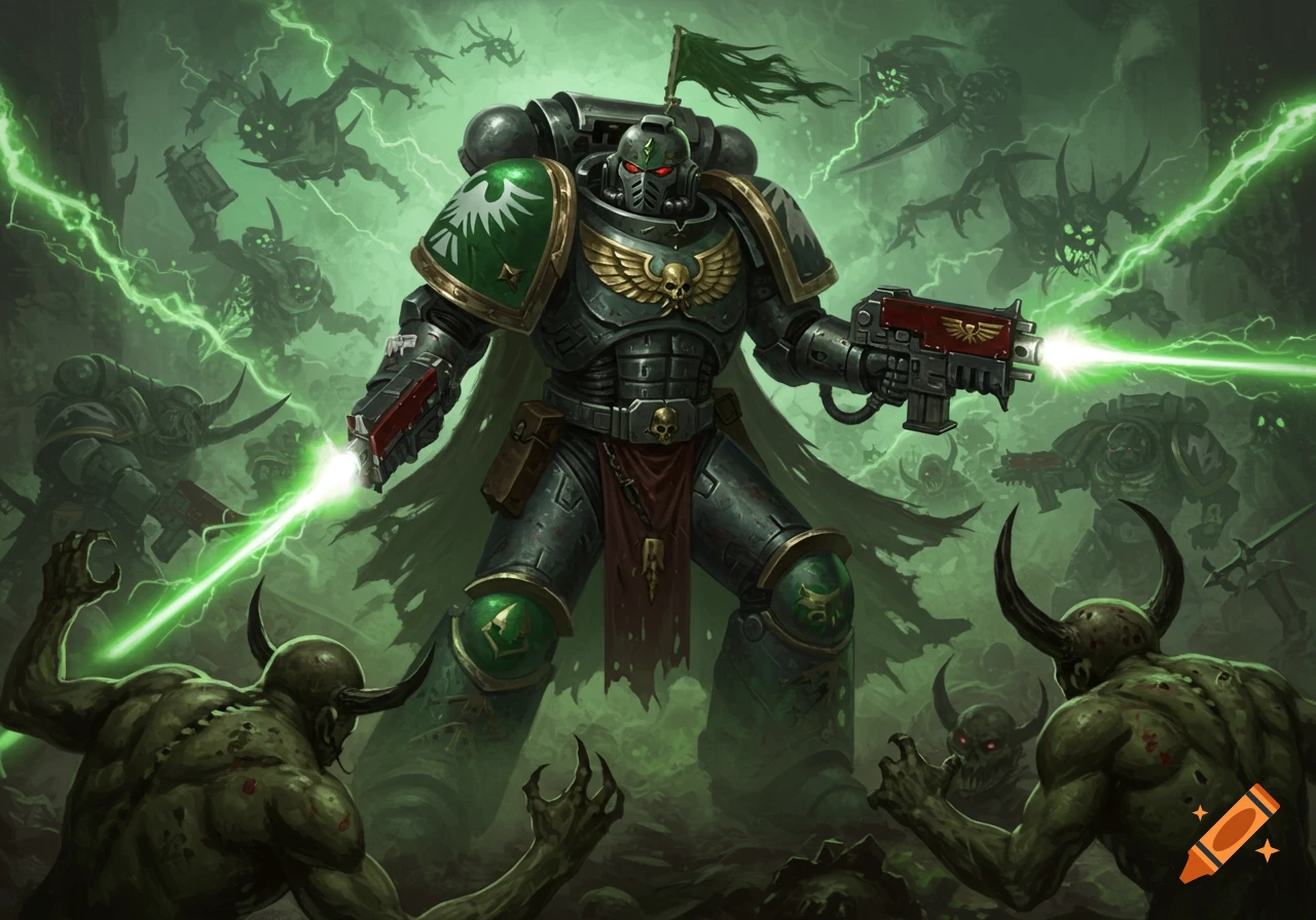 A dark green armored Space Marine with an eagle emblem on his chest battles grotesque Nurgle Daemons in a green, lightning-filled scene.
