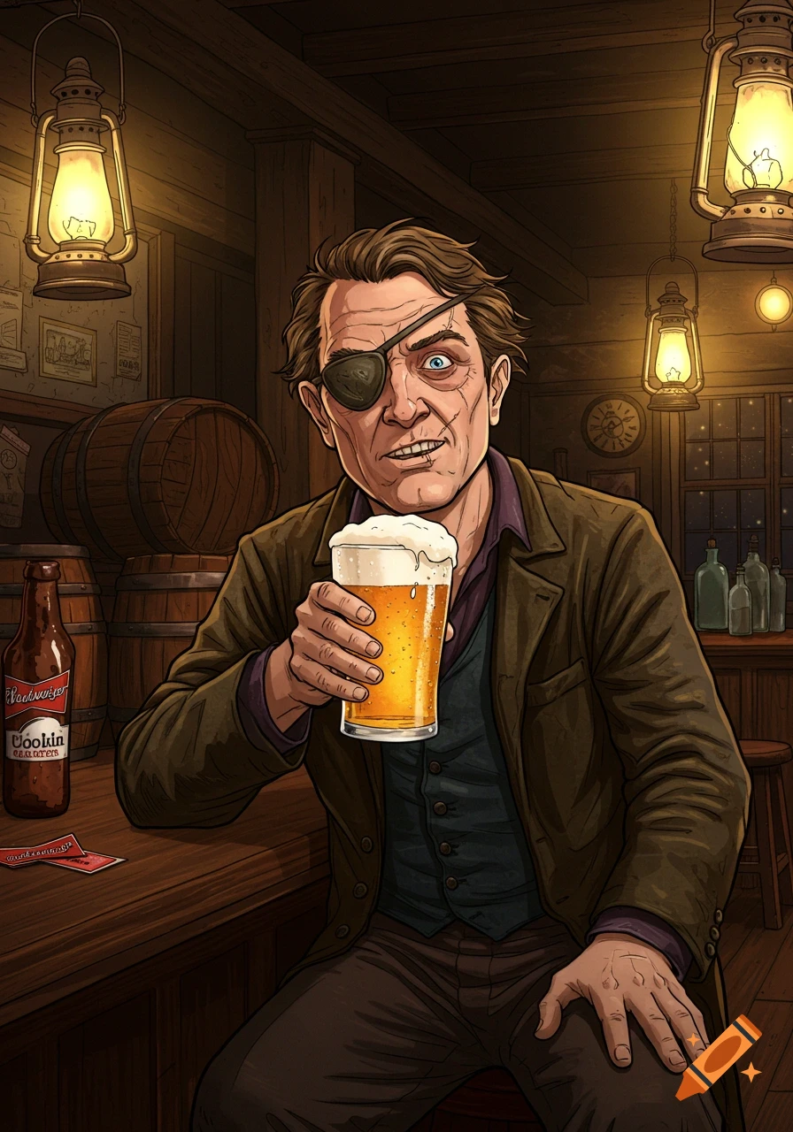 An illustration of Mad Eye Moody with an eyepatch, holding a glass of beer in a dimly lit tavern with lanterns and barrels.