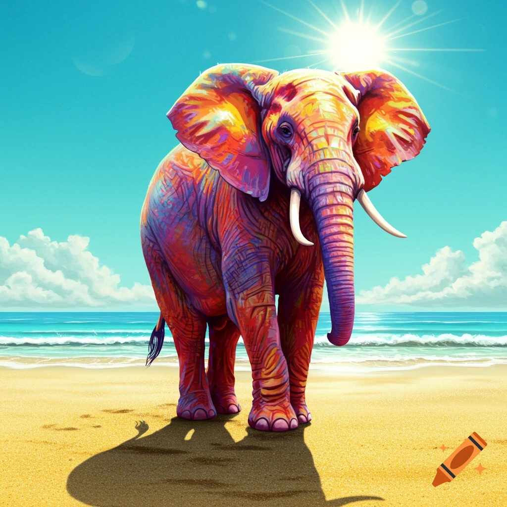 A vibrant, multicolored elephant stands on a sunny sandy beach with blue ocean waves and a clear sky.