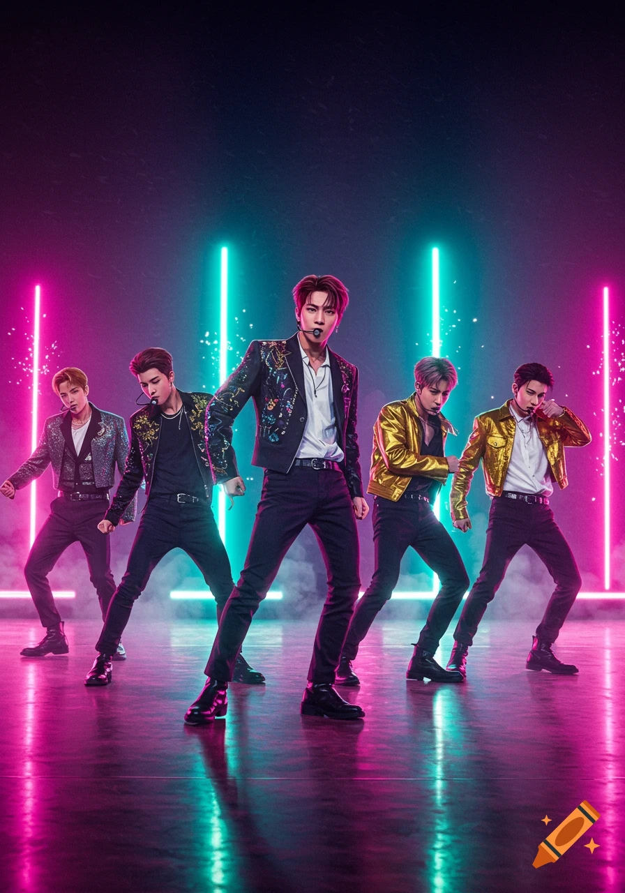 Five male K-pop performers on a dark stage, illuminated by pink and blue neon lights, posing in stylish outfits.