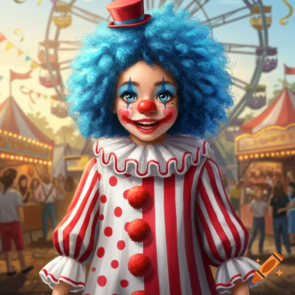 A happy clown girl with blue curly hair, a red nose, and a red and white striped and polka-dotted costume, smiles at a carnival.