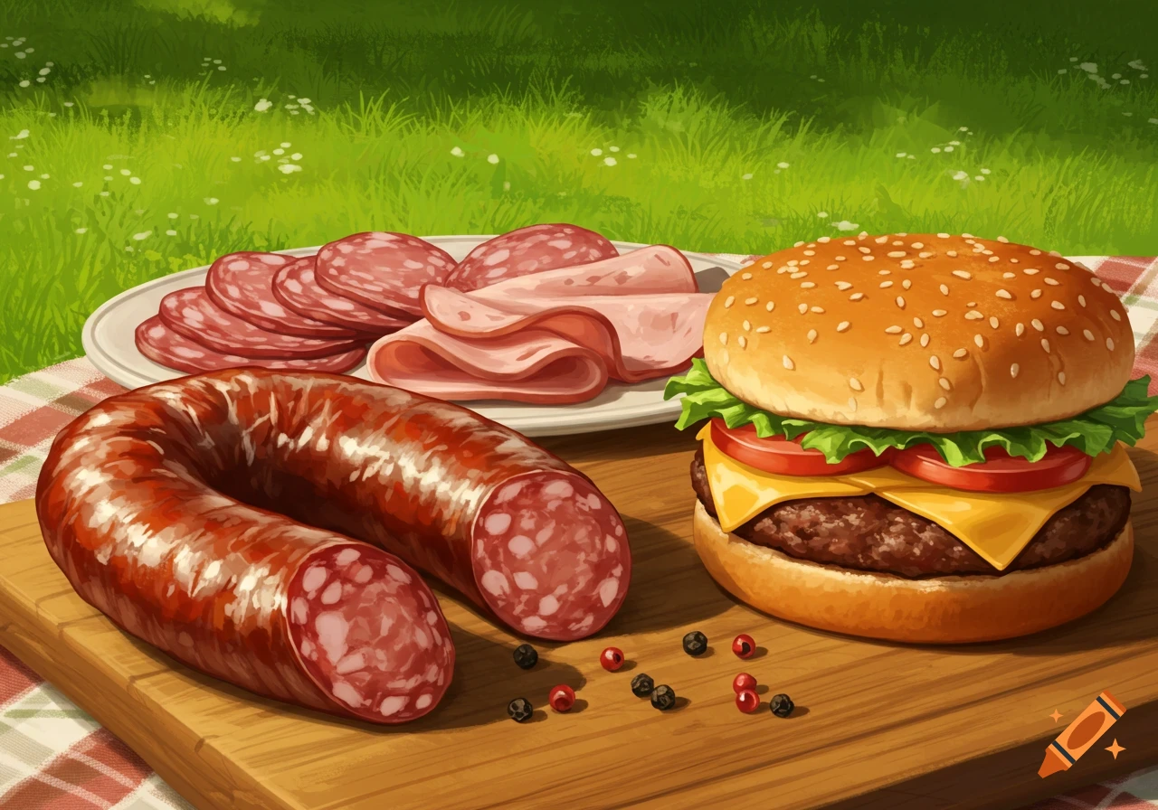 A close-up illustration of a hamburger, a coiled sausage, and sliced lunch meats on a wooden board atop a red and white checkered blanket, with green grass in the background.