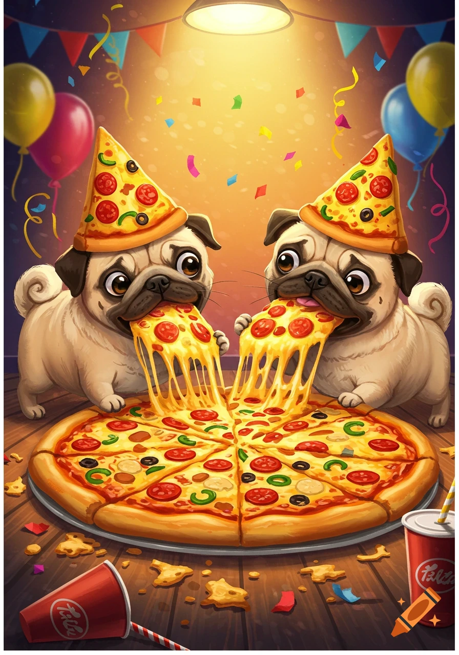 Two adorable cartoon pugs wearing pizza slice hats devouring a large pizza, surrounded by confetti and balloons at a party.