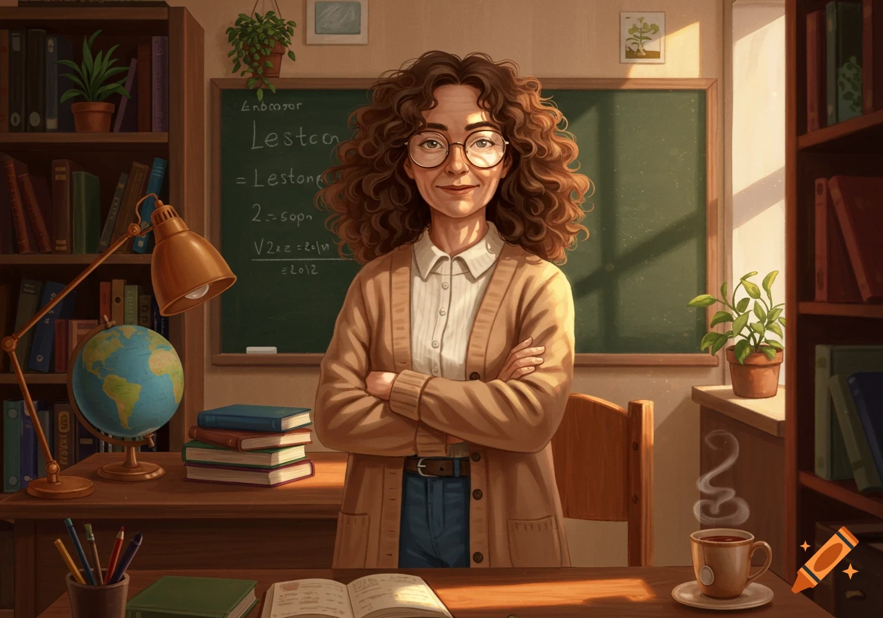 A female teacher with curly hair and glasses stands in a sunlit classroom, arms crossed, with a blackboard and bookshelves behind her.