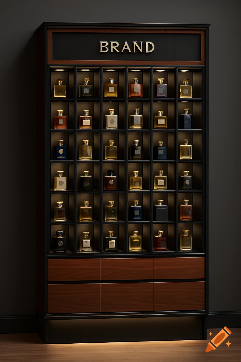 Sleek dark wood and black display cabinet showcasing rows of illuminated perfume bottles, with storage drawers below.