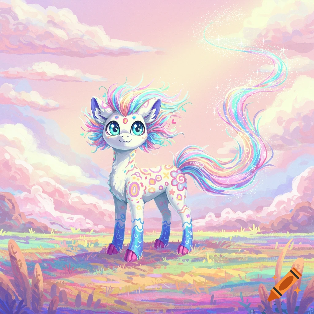 A cute, sparkly rainbow pony-like creature with big blue eyes stands in a vibrant, pastel field under a cloudy sky.